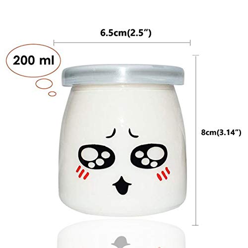 Langlee Set de 6 Vasos para Yogurtera, Vasos de Repuesto Tarros Cristal con Divertidas Emoticonos y Tapas, Tarro de Crema Postre Pudding Glass Jar (Capacidad: 200 ml)