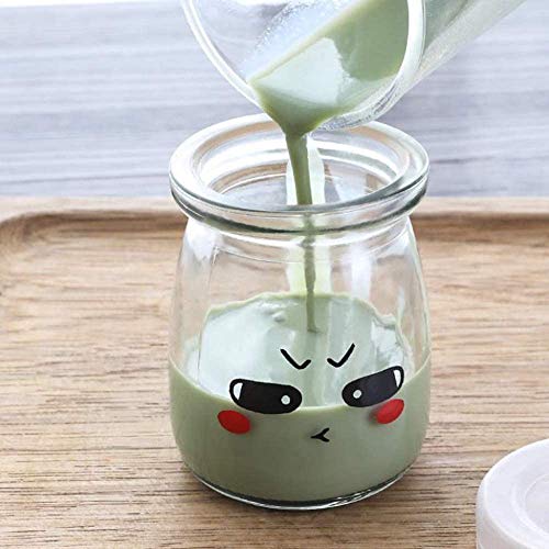 Langlee Set de 6 Vasos para Yogurtera, Vasos de Repuesto Tarros Cristal con Divertidas Emoticonos y Tapas, Tarro de Crema Postre Pudding Glass Jar (Capacidad: 200 ml)