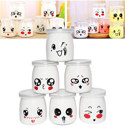 Langlee Set de 6 Vasos para Yogurtera, Vasos de Repuesto Tarros Cristal con Divertidas Emoticonos y Tapas, Tarro de Crema Postre Pudding Glass Jar (Capacidad: 200 ml)