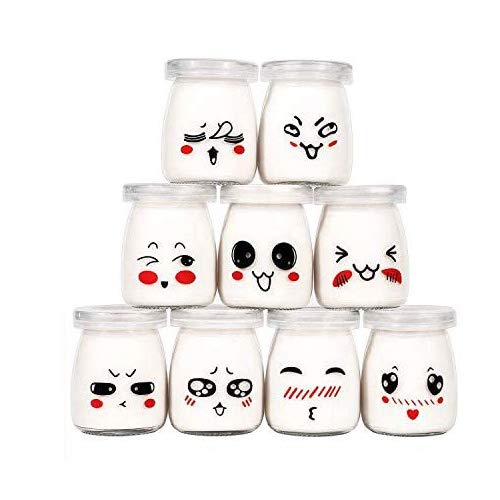 Langlee Set de 9 Vasos para Yogurtera, Vasos de Repuesto Tarros Cristal con Divertidas Emoticonos y Tapas, Tarro de Crema Postre Pudding Glass Jar (Capacidad: 100 ml)
