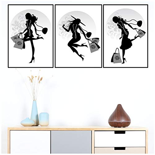 Lanruru Blanco y negro Chica de moda Lienzo Art Poster Bolsa de compras Impresiones Pintura Arte de la pared Imagen Shopping Girl Art Wall Painting-50X70 Cm 3Pcs Sin marco