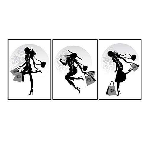Lanruru Blanco y negro Chica de moda Lienzo Art Poster Bolsa de compras Impresiones Pintura Arte de la pared Imagen Shopping Girl Art Wall Painting-50X70 Cm 3Pcs Sin marco