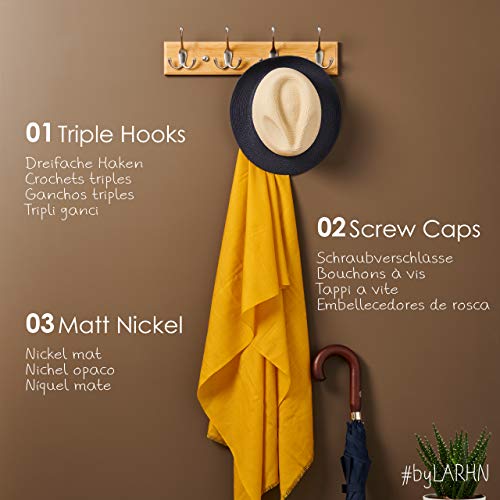 LARHN Perchero Pared Madera - 4 Colgadores Triples Montados en Tablero de Bambú – 42 cm - 2 Paquetes