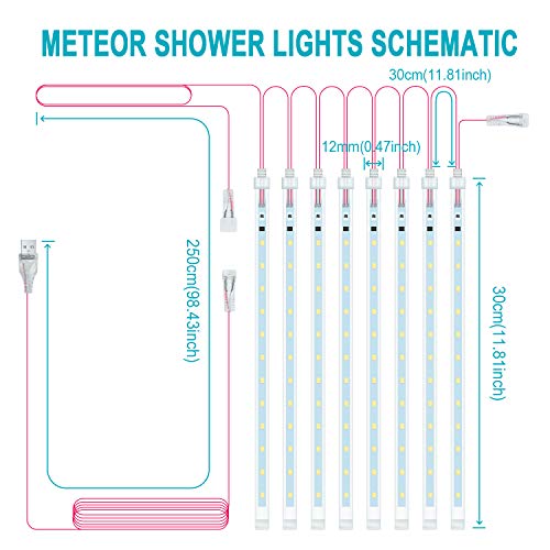 LED Meteoros Lluvia Luces, Rilitor 30cm 8 Tubos 192 LEDs IP65 Impermeable LED Guirlandas Luces Decoración para Jardín Patio Fiesta Bodas Halloween Navidad (Multicolor)