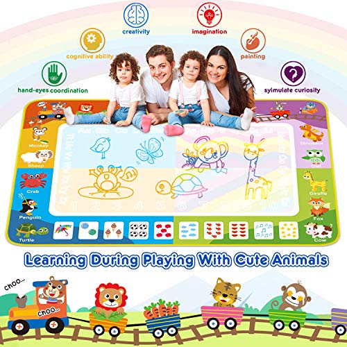 lenbest Agua Dibujo Pintura, 150 * 100 cm Alfombrilla de Dibujo de Agua Doodle para Niños con 4 Colores y Figuras de Animales, Almohadilla Mágica Graffiti de Agua Impermeable y Antideslizante