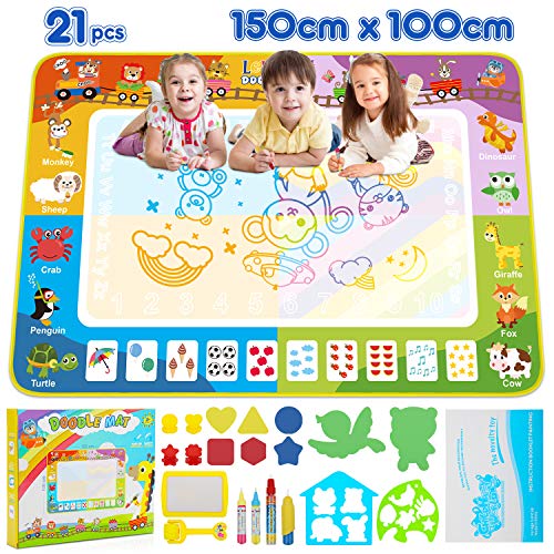 lenbest Agua Dibujo Pintura, 150 * 100 cm Alfombrilla de Dibujo de Agua Doodle para Niños con 4 Colores y Figuras de Animales, Almohadilla Mágica Graffiti de Agua Impermeable y Antideslizante