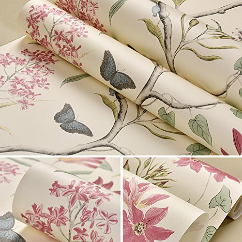 LianLe Papel Pintado Pájaros Mariposas Flores para Decoración de Pared 10M*0.53M,A
