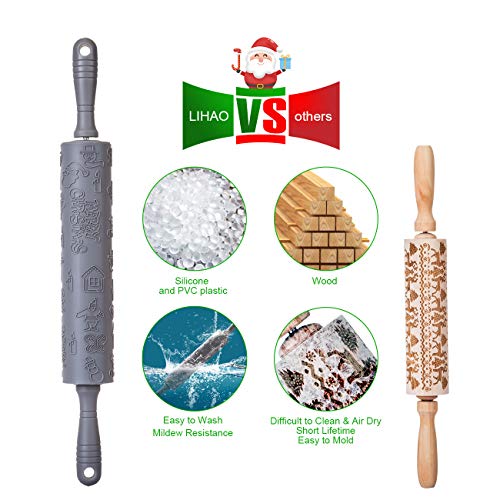 LIHA Rodillo de Amasar Rodillo Amasador Plástico con Asas Dibujos Navideños para Pasta, Fondant, Tarta, Pizza, Masa, Galletas - Gris, 46cm