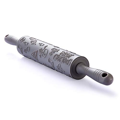 LIHA Rodillo de Amasar Rodillo Amasador Plástico con Asas Dibujos Navideños para Pasta, Fondant, Tarta, Pizza, Masa, Galletas - Gris, 46cm