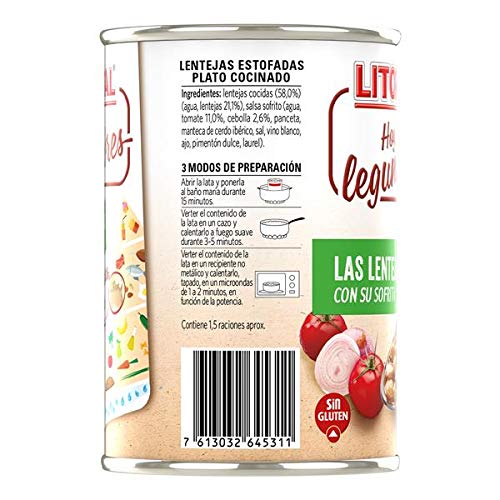 LITORAL Hoy Legumbres Lentejas con su sofrito - Plato Preparado de Legumbres Lentejas Sin Gluten - Paquete de 15x435g - Total: 6.52 kg