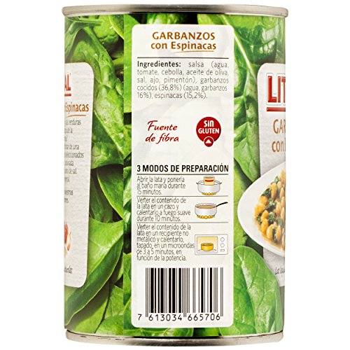 LITORAL Vegetal Garbanzos con Espinacas - Plato Preparado Sin Gluten - Paquete de 10x425g - Total: 4.25kg