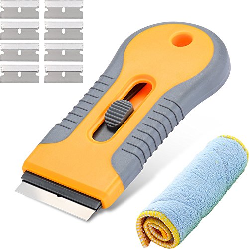 LIVEHITOP Mini Raspador con 8 Cuchillas y Trapo, Rasqueta Conjunto para Vidrio, Vitrocerámica, Pegatinas, Cristal, Ceramica, Pegatina, Quitar Engomadas, Pegamento de Coches