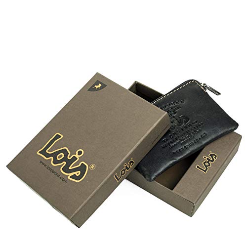 Lois - Monedero de Cuero. Llavero de Piel Genuina. Monedas Llaves Billetes Tarjetas DNI. Caja para Regalo Original. Pequeño Práctico Cómodo. Marca y Calidad. Clásico. 11002, Color Negro