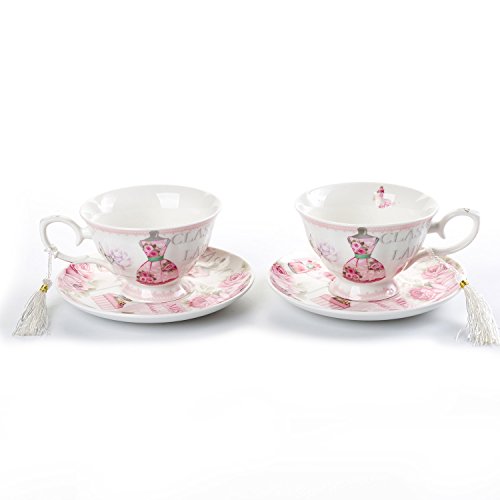 London Boutique Juego de Taza de té y platillo para café, 2 Unidades, diseño Vintage de Flores, Porcelana, Color Rosa