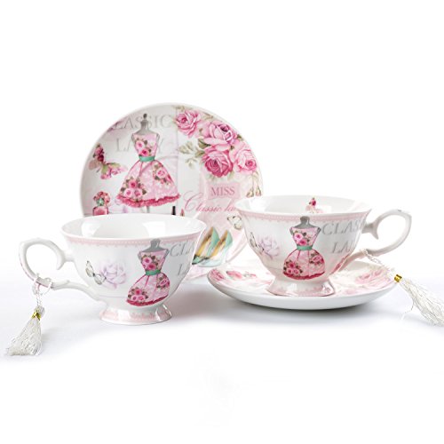 London Boutique Juego de Taza de té y platillo para café, 2 Unidades, diseño Vintage de Flores, Porcelana, Color Rosa