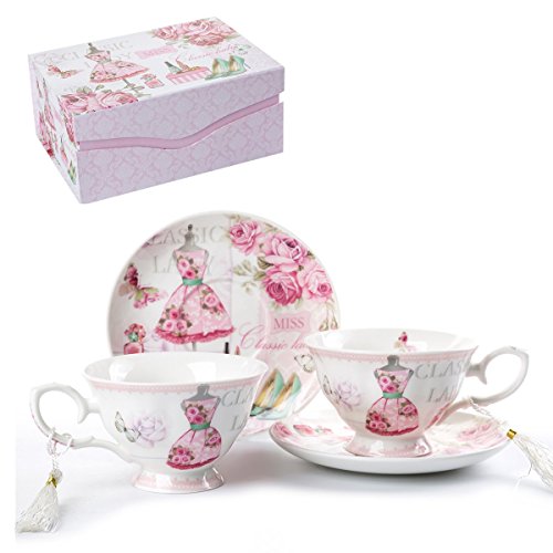 London Boutique Juego de Taza de té y platillo para café, 2 Unidades, diseño Vintage de Flores, Porcelana, Color Rosa