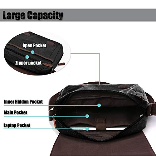 LOSMILE Bolsos Bandolera de Hombres, Bolso de Hombro de Lona, Bolsas Mensajero para 15.6 Pulgadas portátiles, Bolsa de Ordenador,Trabajo y Escuela.Negro