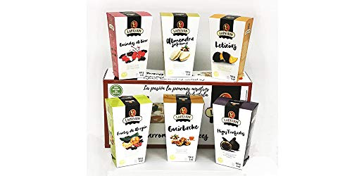 Lote degustación productos Gourmet: Frutas de Aragón, Guindas al licor, Leticias, Higos trufados, Almendras rellenas de turrón y Guirlache.