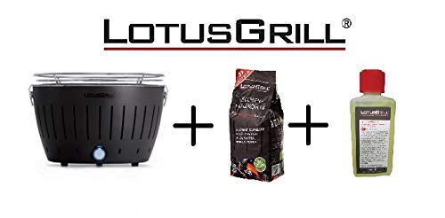 LotusGrill - Nuevo Modelo 2019 - Barbacoa Negro con baterías y Cable de alimentación USB + 1 Kg Bolsa Carbón de Haya + 200 Ml Gel Bioetanol - ¡Paquete Exclusivo de YesEatIs!
