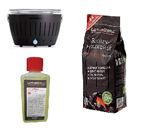 LotusGrill - Nuevo Modelo 2019 - Barbacoa Negro con baterías y Cable de alimentación USB + 1 Kg Bolsa Carbón de Haya + 200 Ml Gel Bioetanol - ¡Paquete Exclusivo de YesEatIs!