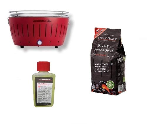LotusGrill - Nuevo Modelo 2019 - Barbacoa XL Rojo con baterías y Cable de alimentación USB + 1 Kg Bolsa Carbón de Haya + 200 Ml Gel Bioetanol - ¡Paquete Exclusivo de YesEatIs!