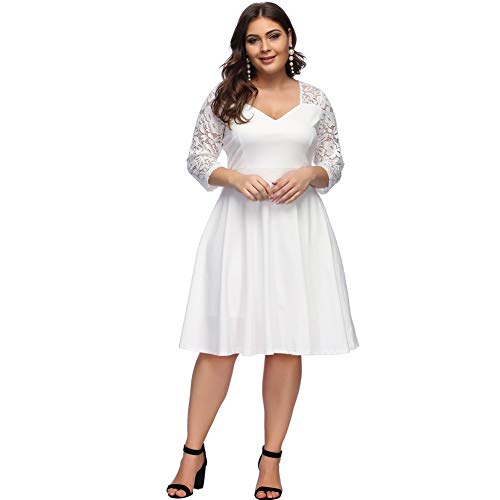 Lover-Beauty Mujer Vestido Corto Elegante Sexy Cuello V Raya Talla Grande Encaje Manga Top Puro con Manga Dama de Honor para Playa Noche Fiesta y Boda