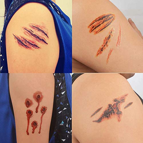 LQH 10 Hojas de Halloween Impermeable de la Etiqueta engomada del Tatuaje Temporal del Horror Realista Falso Herida sangrante de la Puntada de la Cicatriz Costra Cosplay Atrezzo Maquillaje