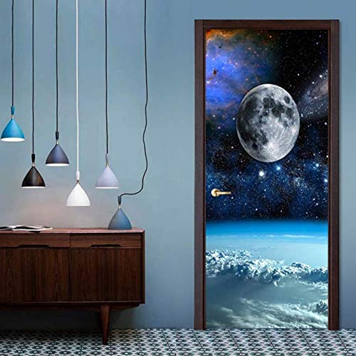Luna Vía Láctea Puerta 3d Etiqueta de la puerta Mural Mural Papel autoadhesivo Decoración Dormitorio Sala de estar Etiqueta de la pared Etiqueta de la puerta 77 * 200