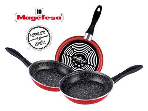 Magefesa K2 Lote 3 sartenes 242628, Fabricado en Acero vitrificado. Antiadherente bicapa Piedra Reforzado, Color Rojo Exterior. Válido para Todo Tipo de Fuegos Esmaltado