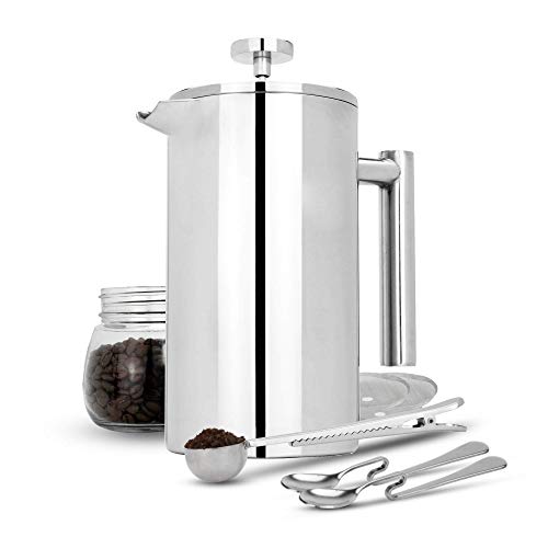 Maison & White 1000ml Cafetería francesa de prensa | Prensa de café de acero inoxidable | GRATIS filtros adicionales / cucharas de medir
