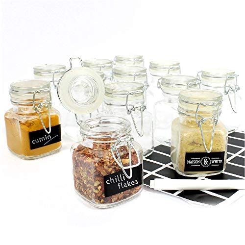 Maison & White Frascos de vidrio con tapa de clip | 12 Contenedores decorativos | Con etiquetas negras gratis y pluma de tiza blanca