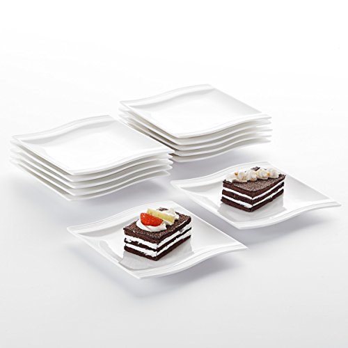 MALACASA, Serie Flora, 12 piezas Vajillas de Porcelana Juego de Platos, 5,5'' 14 * 14,5 * 2 cm Plato de Postre Pequeño Placa de Postre Platos Vajillas Blanco