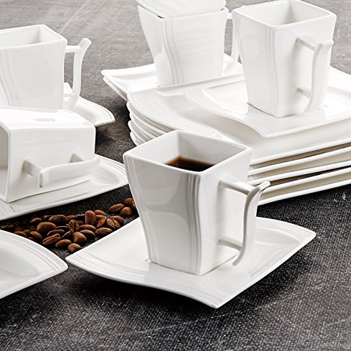 MALACASA, Serie Flora, 32 Piezas Vajillas de Porcelana Juegos de Vajillas con 6 Tazas de Café 6 Platillos, 6 Platos de Postre, 6 Platos de Sopa, 6 Platos Plano y 2 Platos Rectangular para 6 Personas
