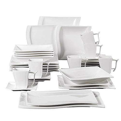 MALACASA, Serie Flora, 32 Piezas Vajillas de Porcelana Juegos de Vajillas con 6 Tazas de Café 6 Platillos, 6 Platos de Postre, 6 Platos de Sopa, 6 Platos Plano y 2 Platos Rectangular para 6 Personas