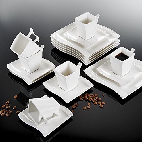 Malacasa, Serie Flora, Vajilla de Porcelana, 30 Piezas, Juego de Café, con 6 Tazas, 6 Platos Llanos, 6 Platos, 6 Platos de Postre, 6 Platos de Hondos, para 6 Personas Color Blanco