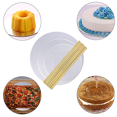 ManLee 4pcs Base para Tartas de Carton 15cm 20cm 25cm 30cm Bases de Carton Lámina de Plata con 10pcs Pilares para Wedding Cake Board Torta a Piso 2mm Espesor