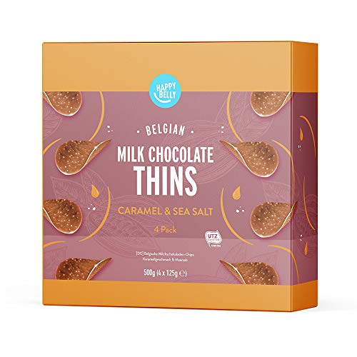Marca Amazon - Happy Belly - Láminas de chocolate con leche belga- Sabor a caramelo y sal marina,4x125g