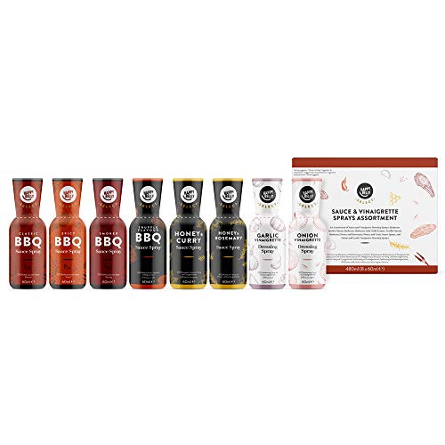 Marca Amazon - Happy Belly Select - Salsas y vinagretas (pack de 8) (clásica, ahumada, picante, tartufata, miel con romero, miel con curry, ajo y cebolla)