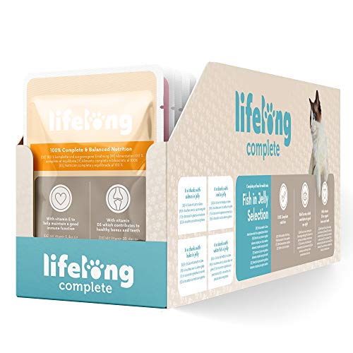 Marca Amazon - Lifelong Alimento completo para gatos adultos - Selección de pescado en gelatina, 2,4 kg (24 bolsitas x 100g)