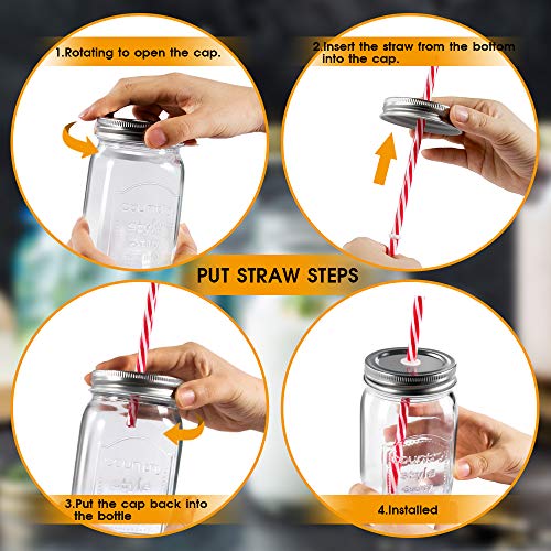 Masthome Juego de 6 Vasos de Cristal con Pajitas,500ml,Mason Jars,Tarros de Vidrio con Tapas con Extra 3 Tapas sin Poros