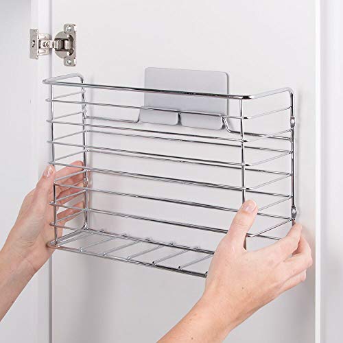 mDesign Estantes de cocina autoadhesivos AFFIXX – Estantería metálica de pared para papel de aluminio y bolsas para congelados – Balda para cocina de color plateado – Metal