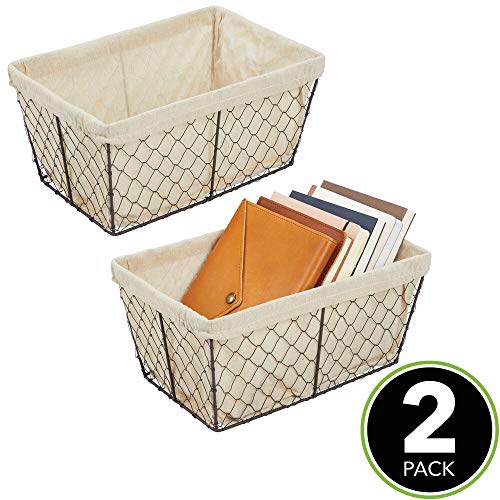 mDesign Juego de 2 cestas de almacenaje de metal – Cestas de alambre grandes con forro de tela – Cajas organizadoras para cocina, despensa, cuarto de baño y salón – color bronce