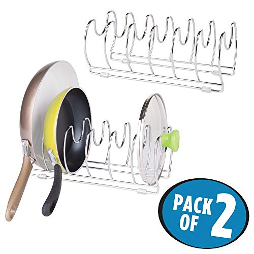 mDesign Juego de 2 Organizador de sartenes y tapaderas – Soporte de metal cromado con 6 compartimentos para sartenes y tapas de ollas – Organizador de cajones y armarios de cocina