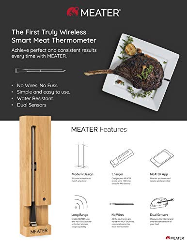 MEATER | 10m Termómetro inalámbrico Inteligente para Carne para el Horno, Parrilla de Cocina, Barbacoa, ahumador, asador con Bluetooth y conectividad Digital WiFi