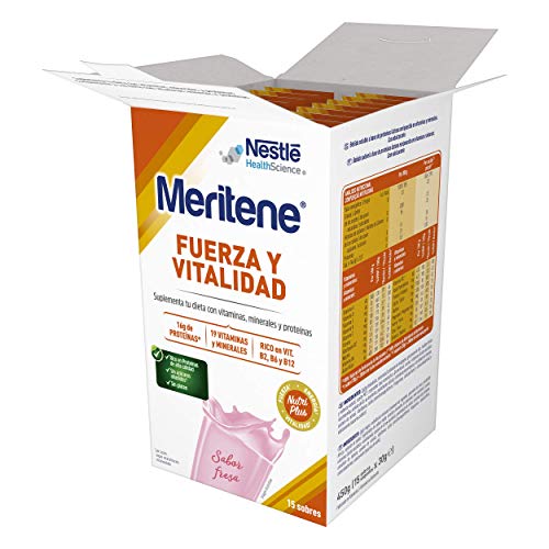 Meritene® FUERZA Y VITALIDAD - Suplementa tu nutrición y mantén tu sistema inmune con vitaminas, minerales y proteínas - Batido de Fresa - Estuche (15 sobres de 30g)