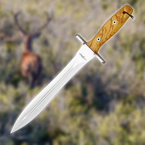 MIGUEL NIETO Cuchillo rematador de Caza, montería. Modelo Hércules. Fabricado en Albacete. Hoja Acanalada de Acero AN58 de 25,5 cm y empuñadura de Madera Natural de Olivo.