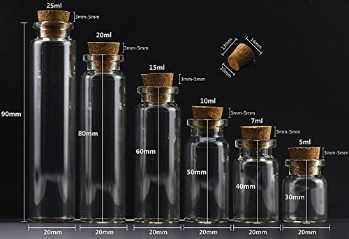 MINGZE 20 Piezas 20 ML Pequeñas Botellas de Cristal Botellas de Vidrio Pequeñas Frascos de Muestra con Tapones de Corcho para decoración de DIY, Aromas, Aceites, Especias, Dijes, Bodas, Mensaje