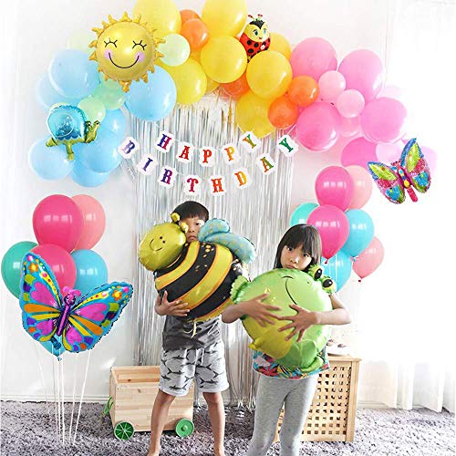 MMTX Cumpleaños Jardín Fiesta Decoración Vistoso Globos para Chico Chica Jardín Niño Cumpleaños Globo Decoración,Selva Insecto Mariposa abeja Rana Caracoles Animal Globos Hojas palma Birthday Bandera