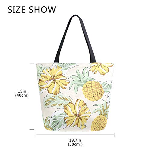 Moda Casual Reutilizable Bolsas de comestibles Tropical Amarillo Hibisco Flores Palma Hojas piñas Hombres Mujeres Hombro Bolsa de Lona