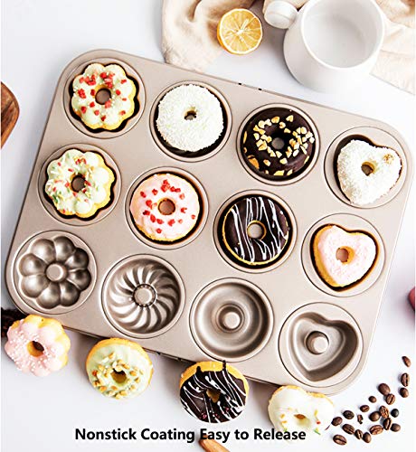 Molde para donas antiadherente de acero al carbono para hornear donas, galletas, magdalenas, 12 agujeros, 4 patrones